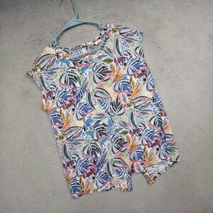 C&C California Top Womens M Blue Button Down‎ Back Linen Floral Tropical Coastal